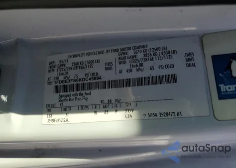 2019 Ford Econoline E350 Super Duty Cutaway Van from USA, damaged, VIN 1FDEE3FS6KDC45894